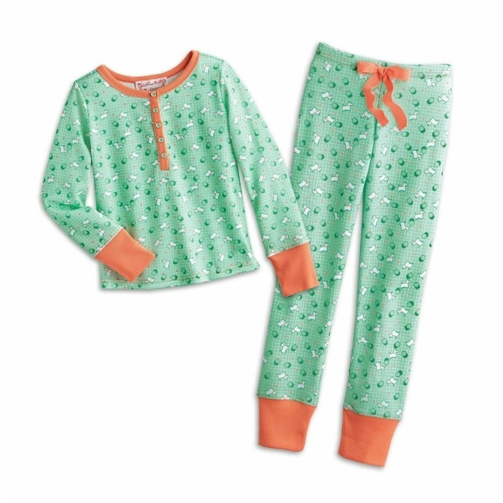 American girl Kit puppy green teal Kids Pajamas Set - Green and Pink 7/8